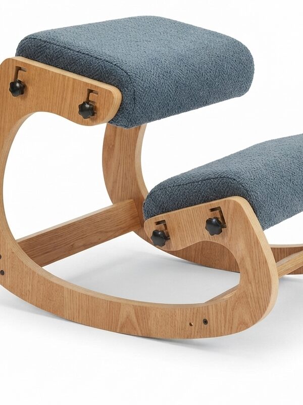 Close-up of the slate blue chenille seat, knee pad and oak veneer frame