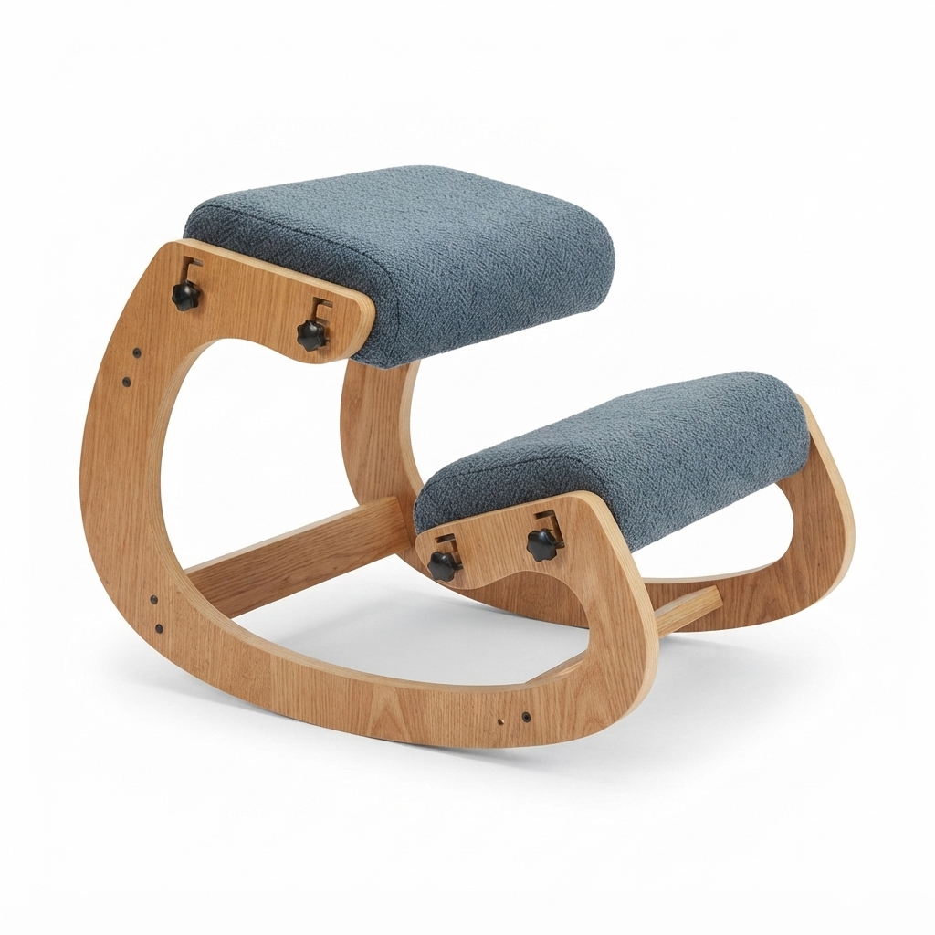 MoonAlly ergonomic kneeling chair with oak veneer frame and slate blue bouclé upholstery